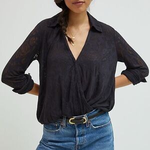 Anthropologie Maeve Lydia Burnout Black Sheer Wrap Blouse Size S